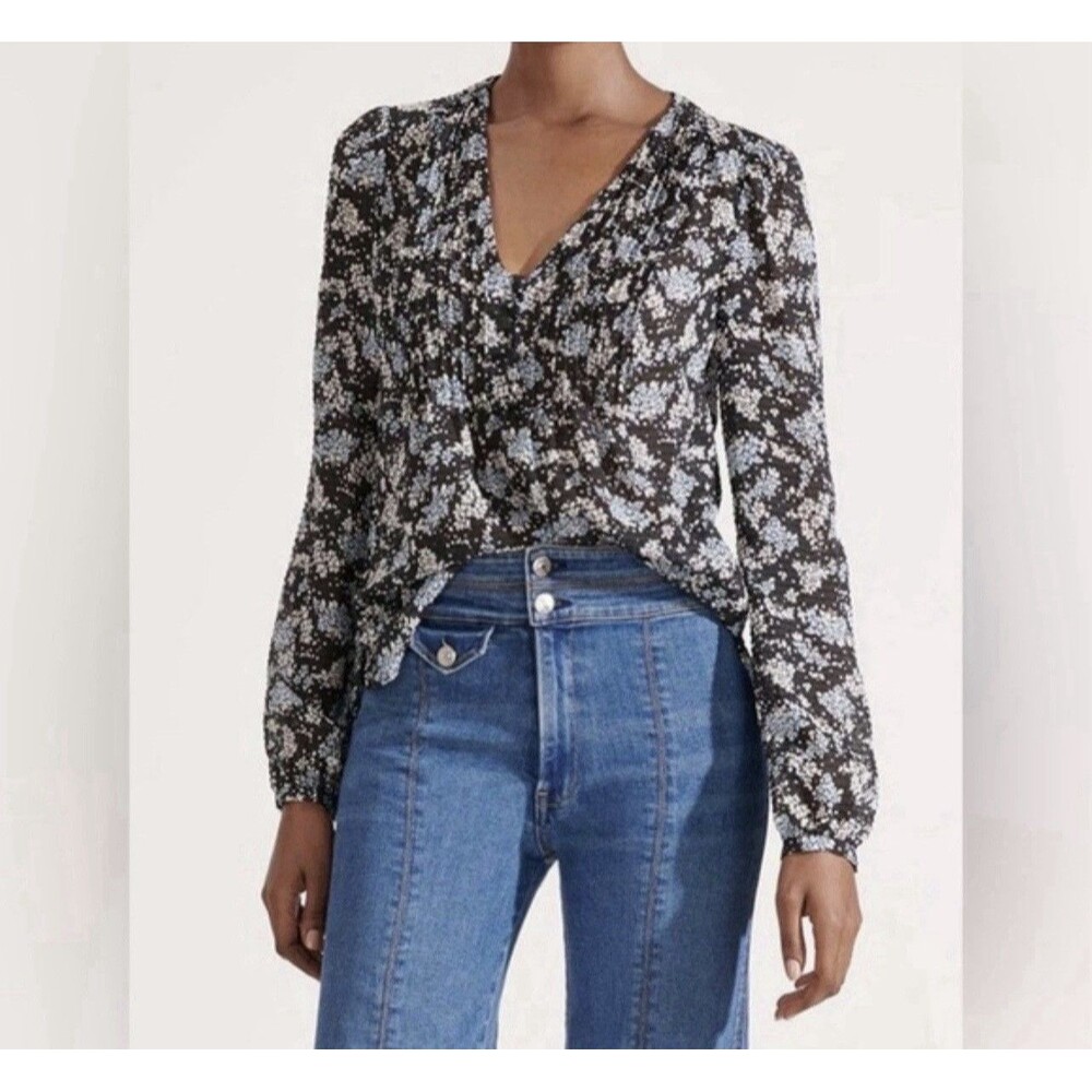 Veronica Beard Black and Light Blue Floral V-Neck Blouse